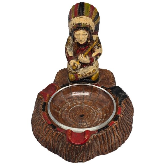 Vintage Hand-Painted Native American Chief Figurine Ashtray With Glass Bowl Inse - Picture 2 of 6